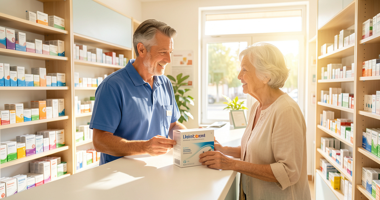 Pharmacien conseillant une patiente sur les précautions liées aux médicaments pendant une forte chaleur.