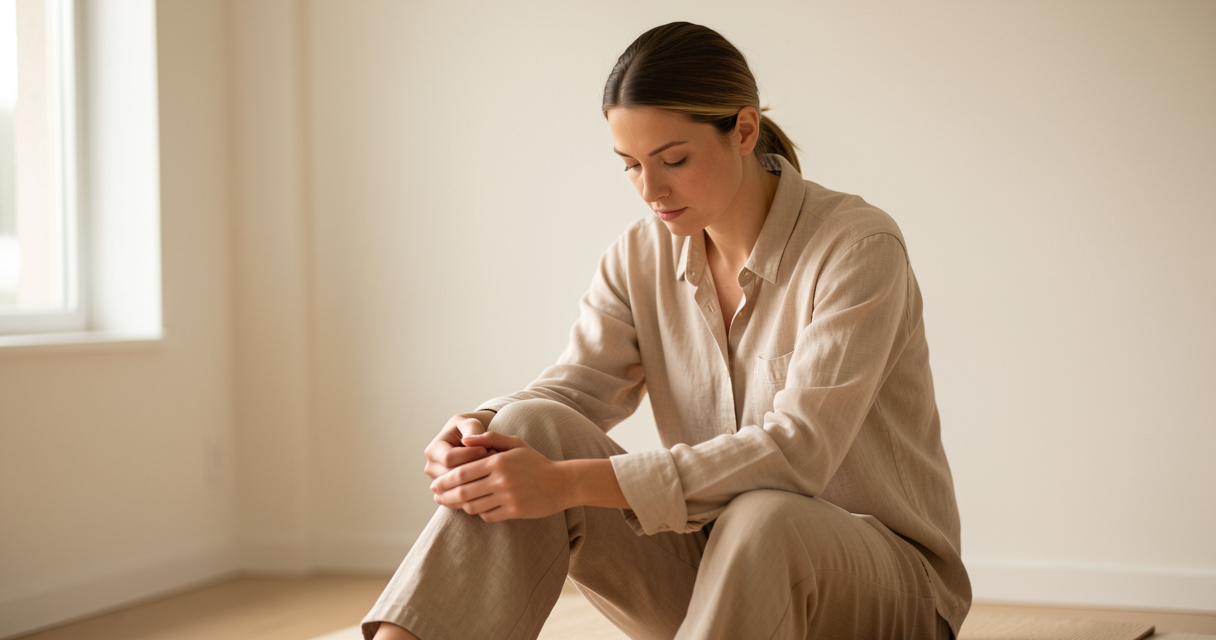 Symbolique du genou gauche : main posée sur le genou en introspection