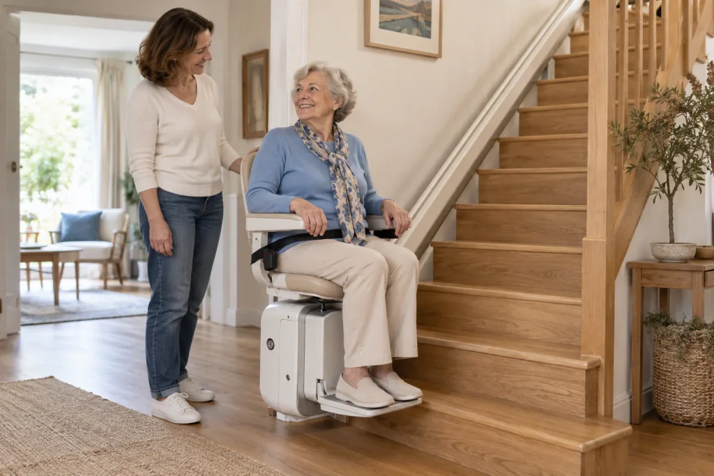 Monte escalier dans une maison lumineuse pour faciliter les déplacements d’une personne âgée